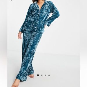 Turquoise crushed velvet smoking satin pajamas style